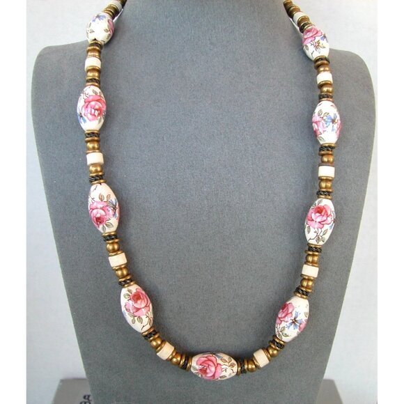 Vintage Hand Painted  Floral Ceramic Bead Necklace, Brass Accents & Barrel Clasp - Picture 1 of 3